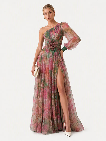 Elegant Floral Print Ruched One-Shoulder Sheer Maxi Dress