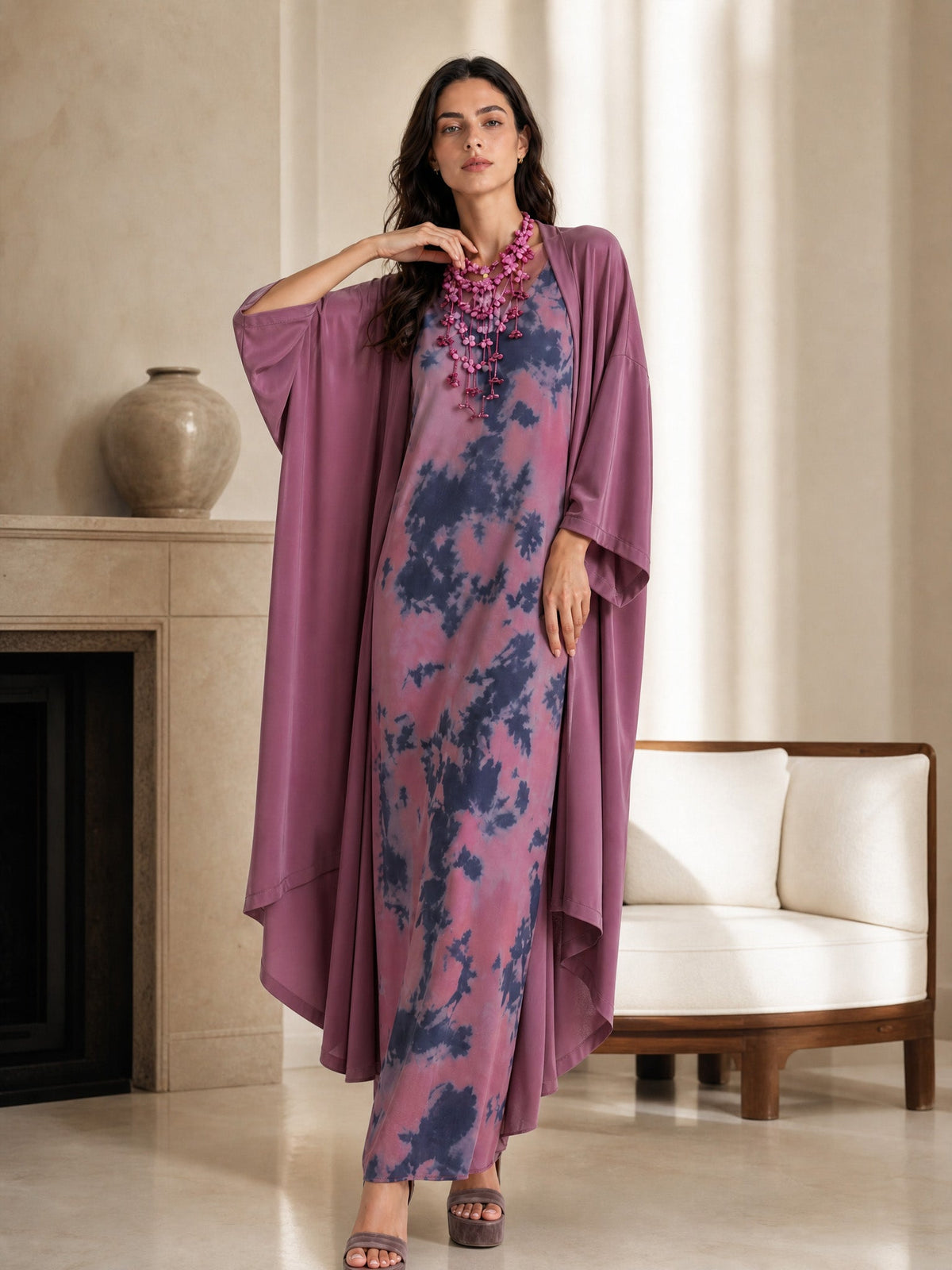 Retro Tie Dye Satin Sleeveless Maxi Dress Two Piece Set