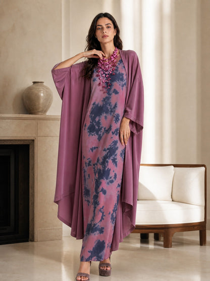 Retro Tie Dye Satin Sleeveless Maxi Dress Two Piece Set