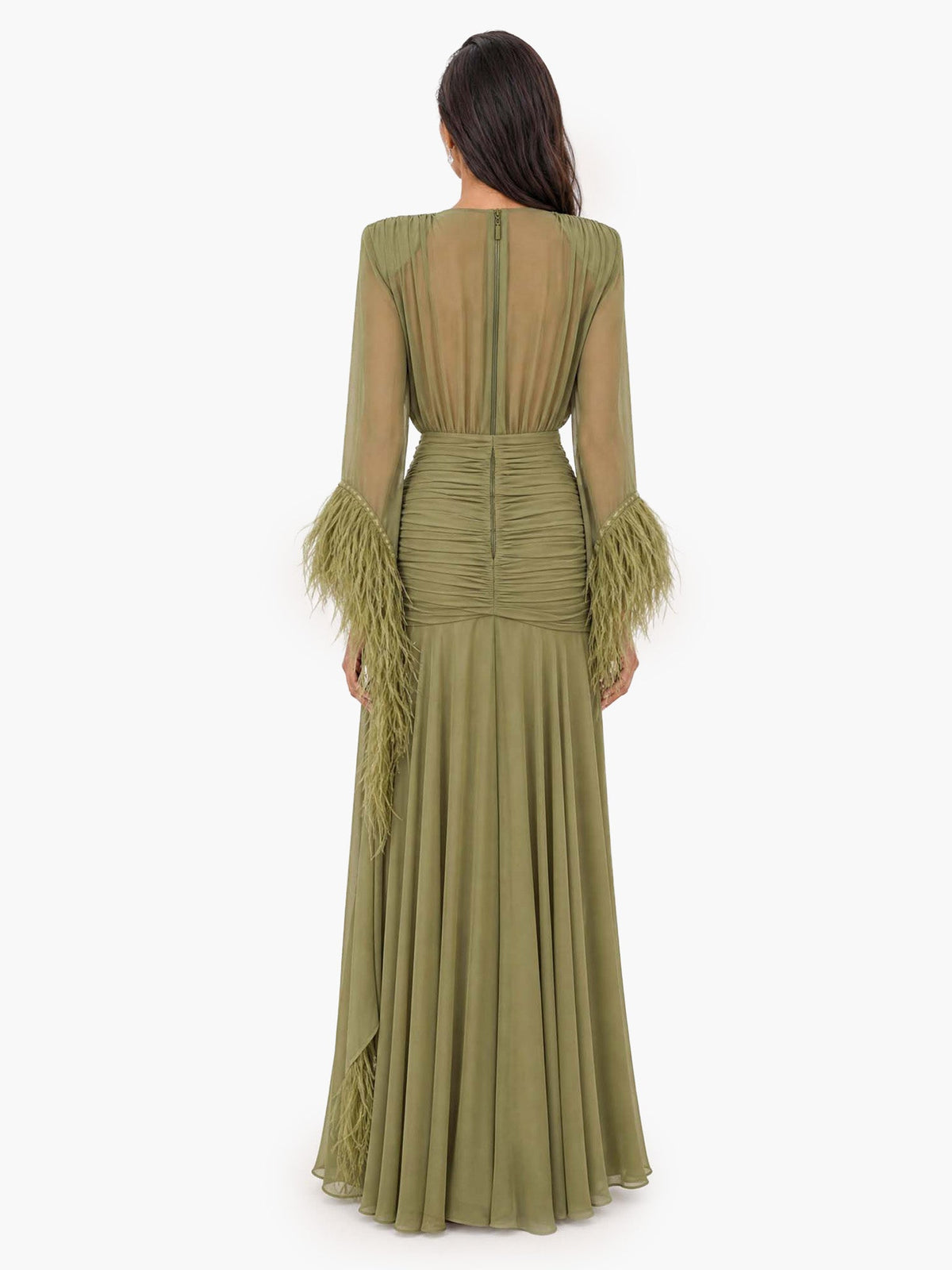 Elegant V-Neck Feather Cuff Flowing Chiffon Maxi Dress