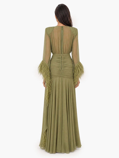 Elegant V-Neck Feather Cuff Flowing Chiffon Maxi Dress