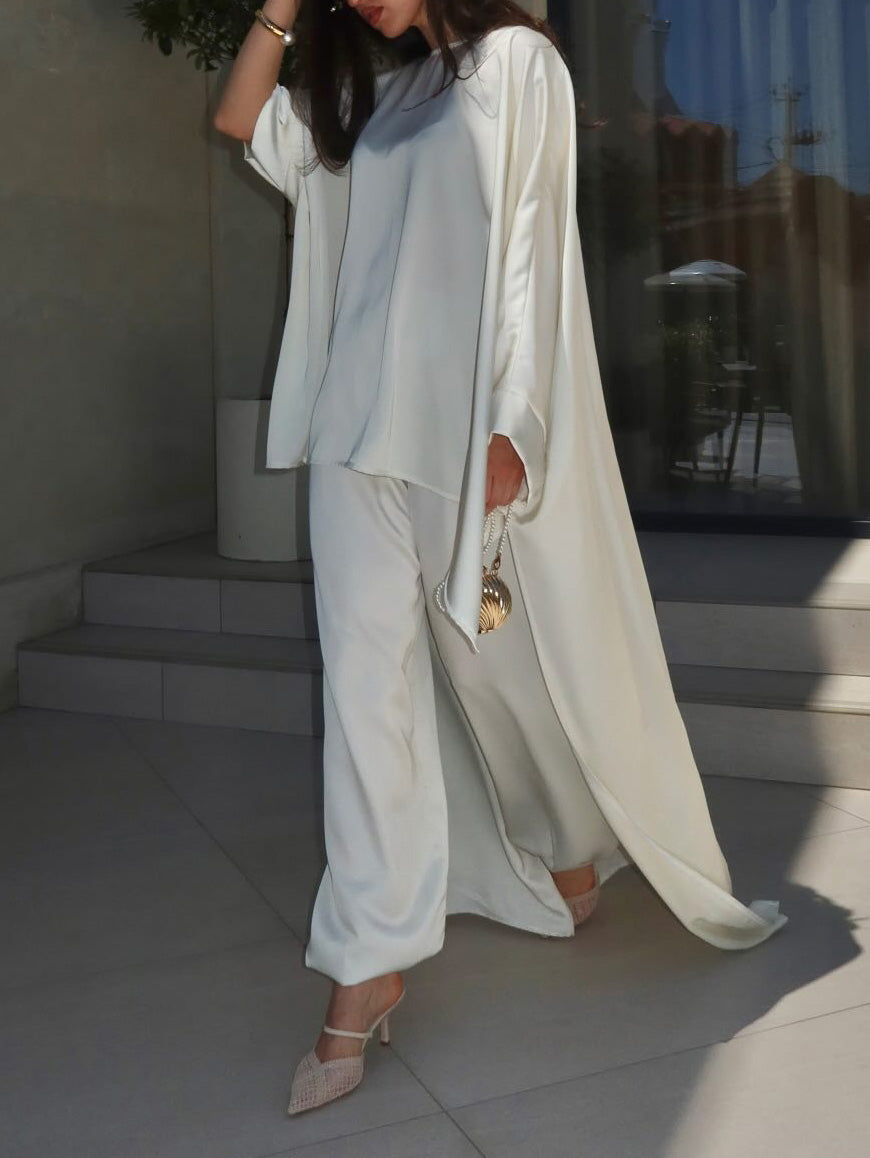 Elegant Satin Batwing Sleeve Top Two-Piece Set