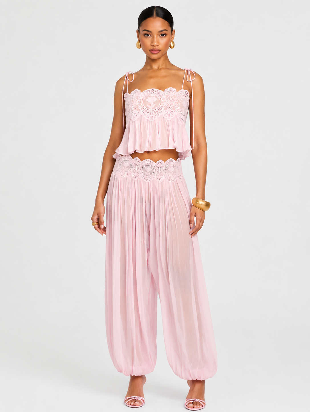 Exquisite Paisley Lace Trim Tie-Front Top Two-Piece Set