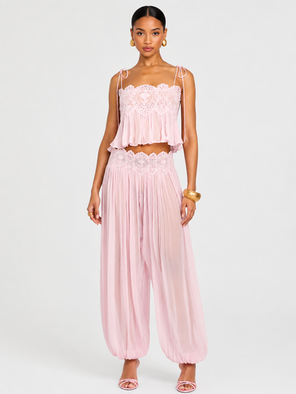 Exquisite Paisley Lace Trim Tie-Front Top Two-Piece Set