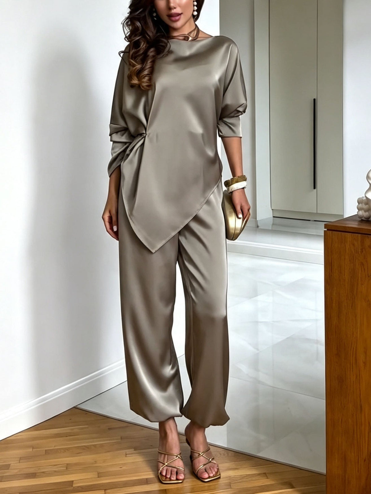 Retro Embroidered Waist Belt Satin Shirt & Harem Pants Set