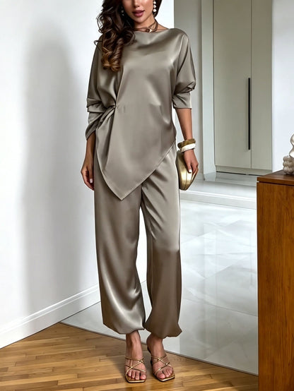 Retro Embroidered Waist Belt Satin Shirt & Harem Pants Set