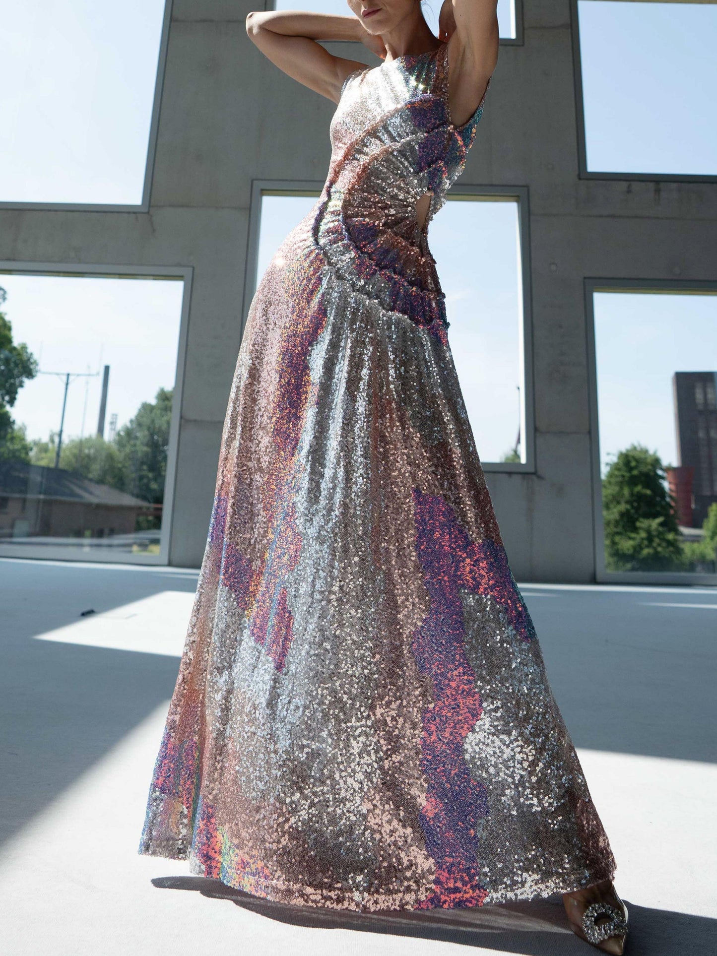 Pastel Sequin Sleeveless Cut-Out Maxi Dress