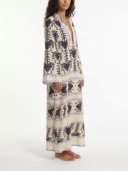 Bohemian Border Print V-Neck Maxi Dress