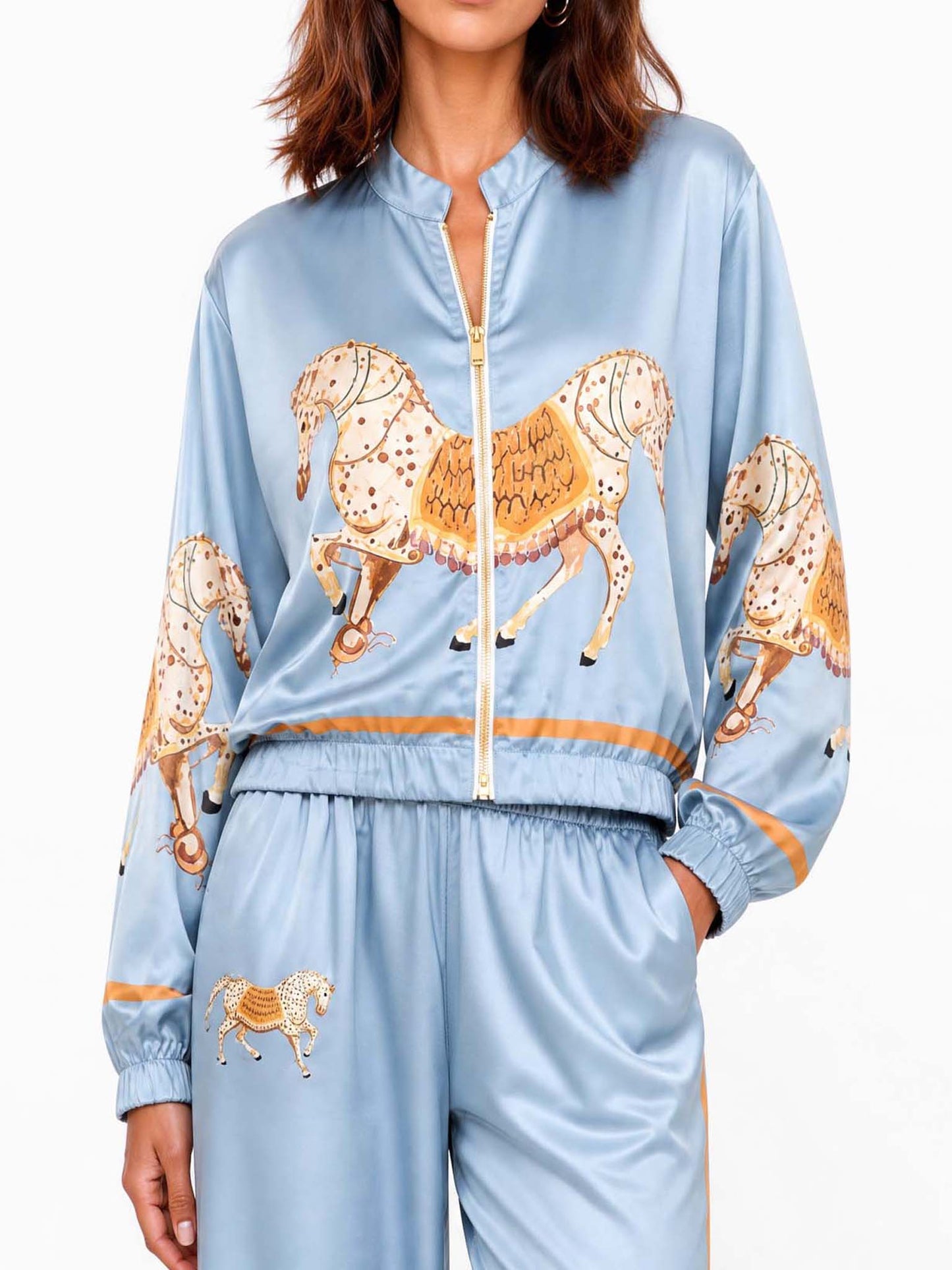 Exquisite Satin Horse Print Zip Jacket & Wide-Leg Pants Two-Piece Set