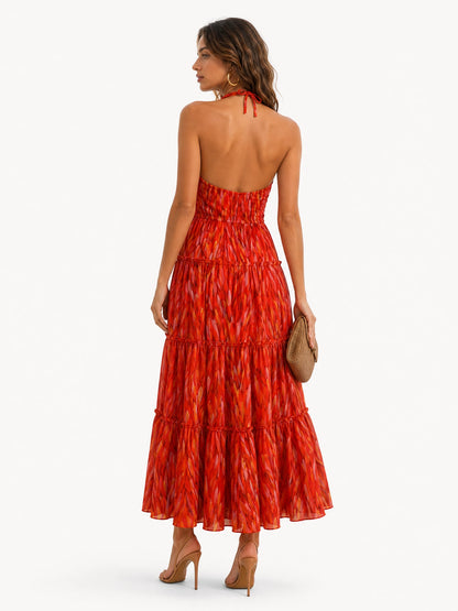 Elegant Halter Neck Abstract Print Tiered Maxi Dress