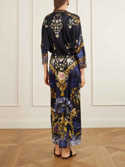 Retro Floral Print Twist Front Satin Maxi Dress