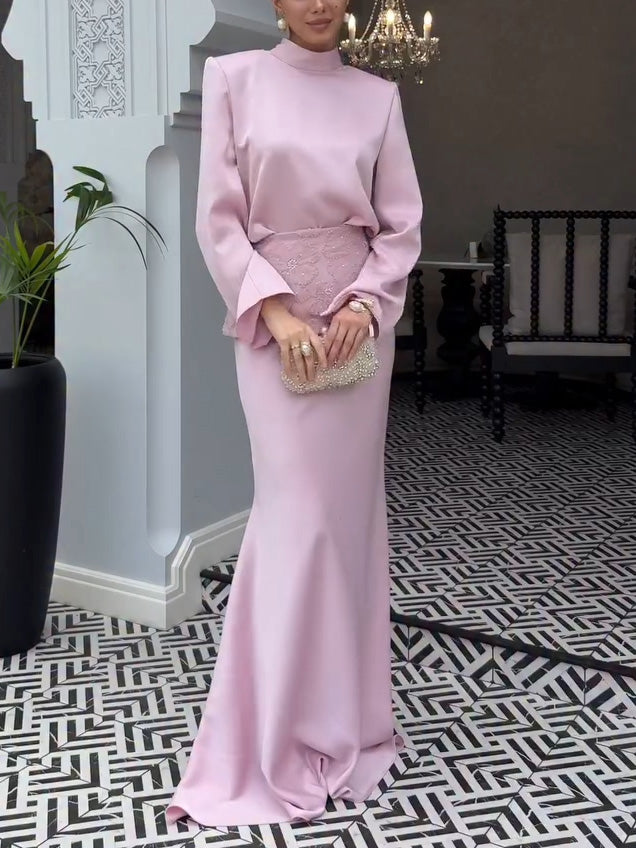 Elegant Satin Top & Embroidered Waistband Skirt Two-Piece Set