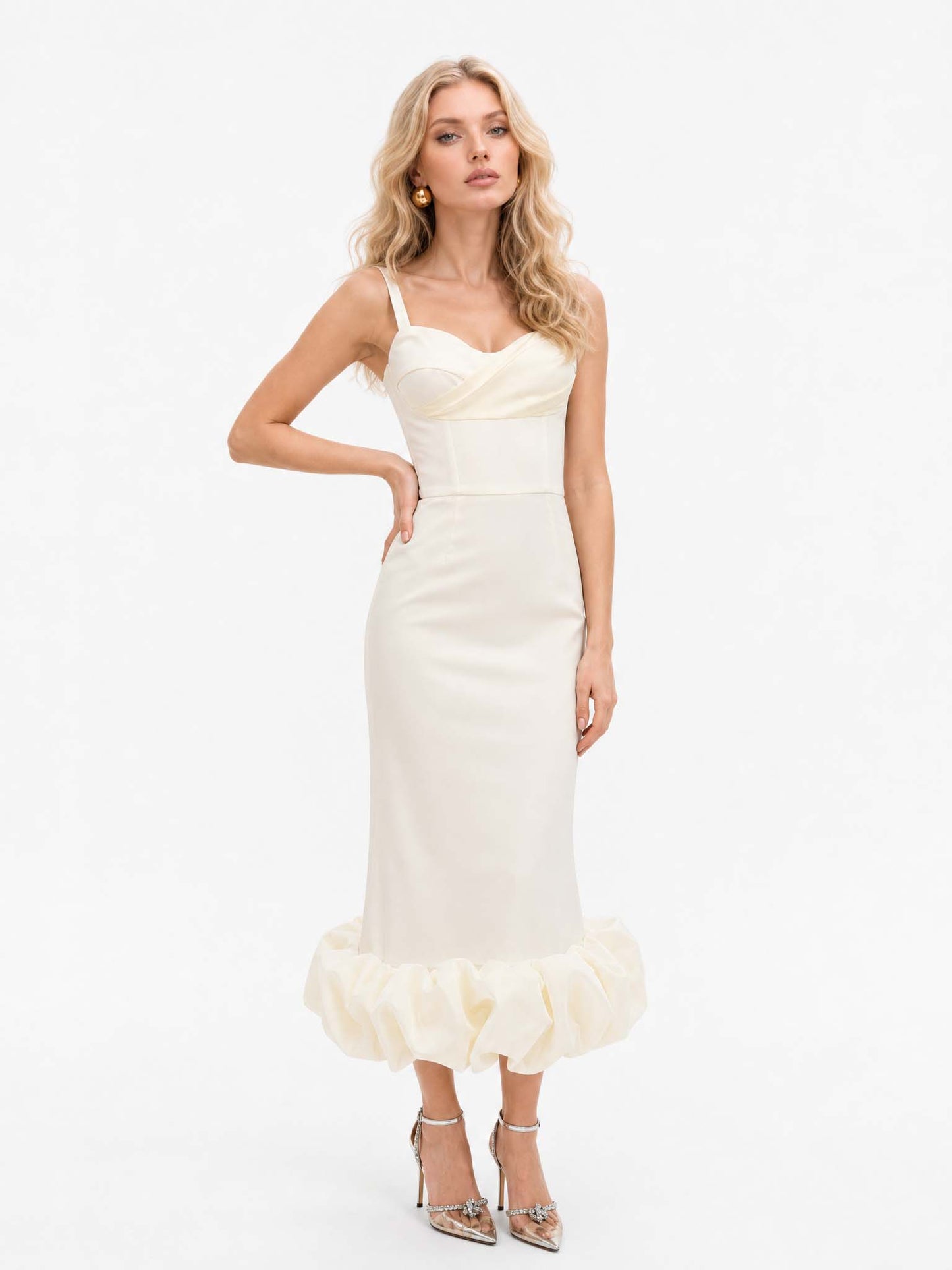 Elegant Sweetheart Ruffle Hem Satin Maxi Dress