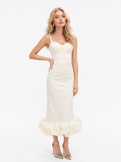Elegant Sweetheart Ruffle Hem Satin Maxi Dress