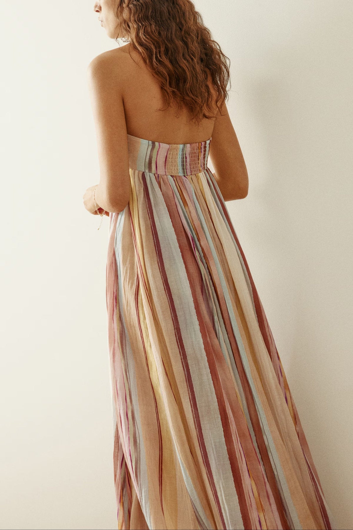 Multi-Colored Striped Strapless Maxi Dress
