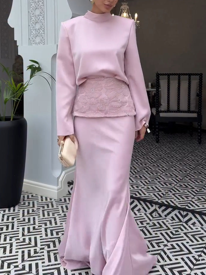 Elegant Satin Top & Embroidered Waistband Skirt Two-Piece Set