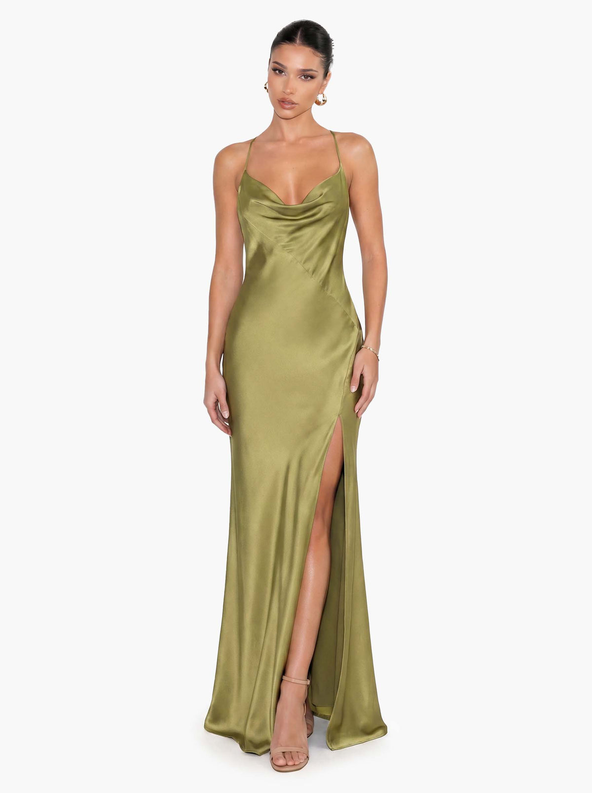 Elegant Green Draped Neckline Maxi Dress