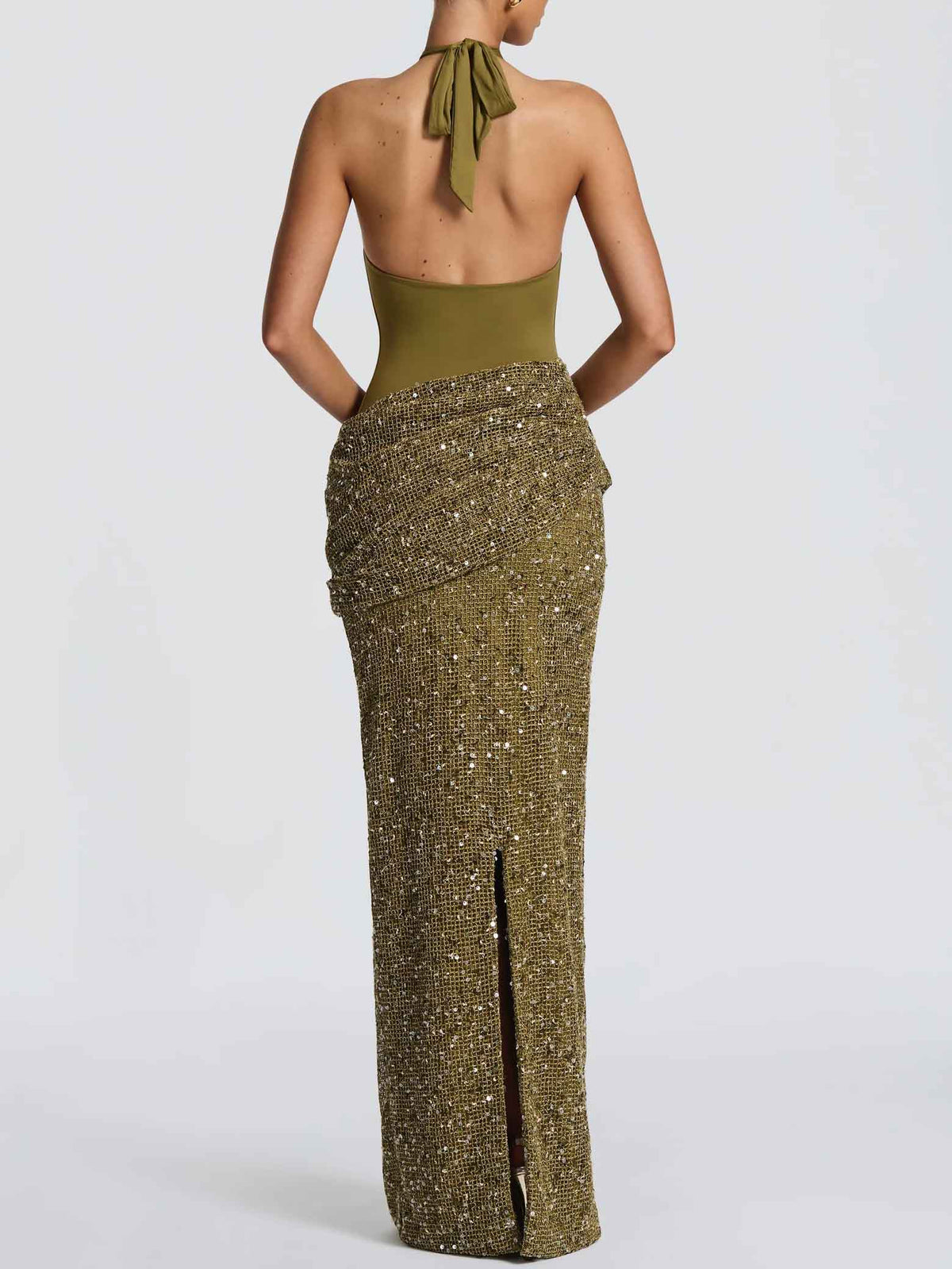 Elegant Cross Halter Cutout Sequined Maxi Dress