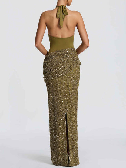 Elegant Cross Halter Cutout Sequined Maxi Dress