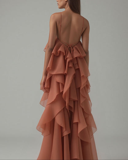 Elegant  3D Flower Ruffle Halter Maxi Dress