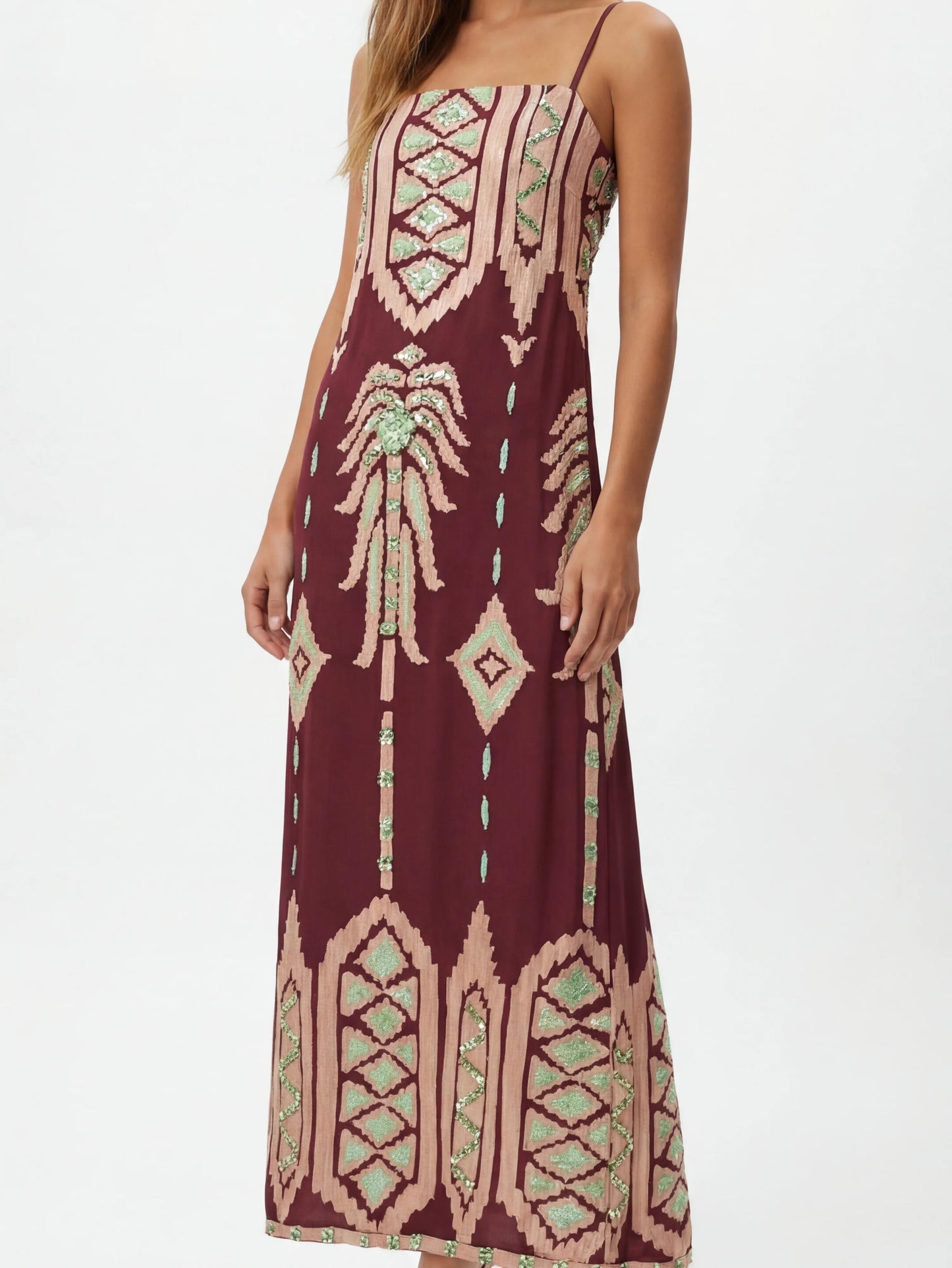 Bohemian Embroidered Print Strappy Midi Dress