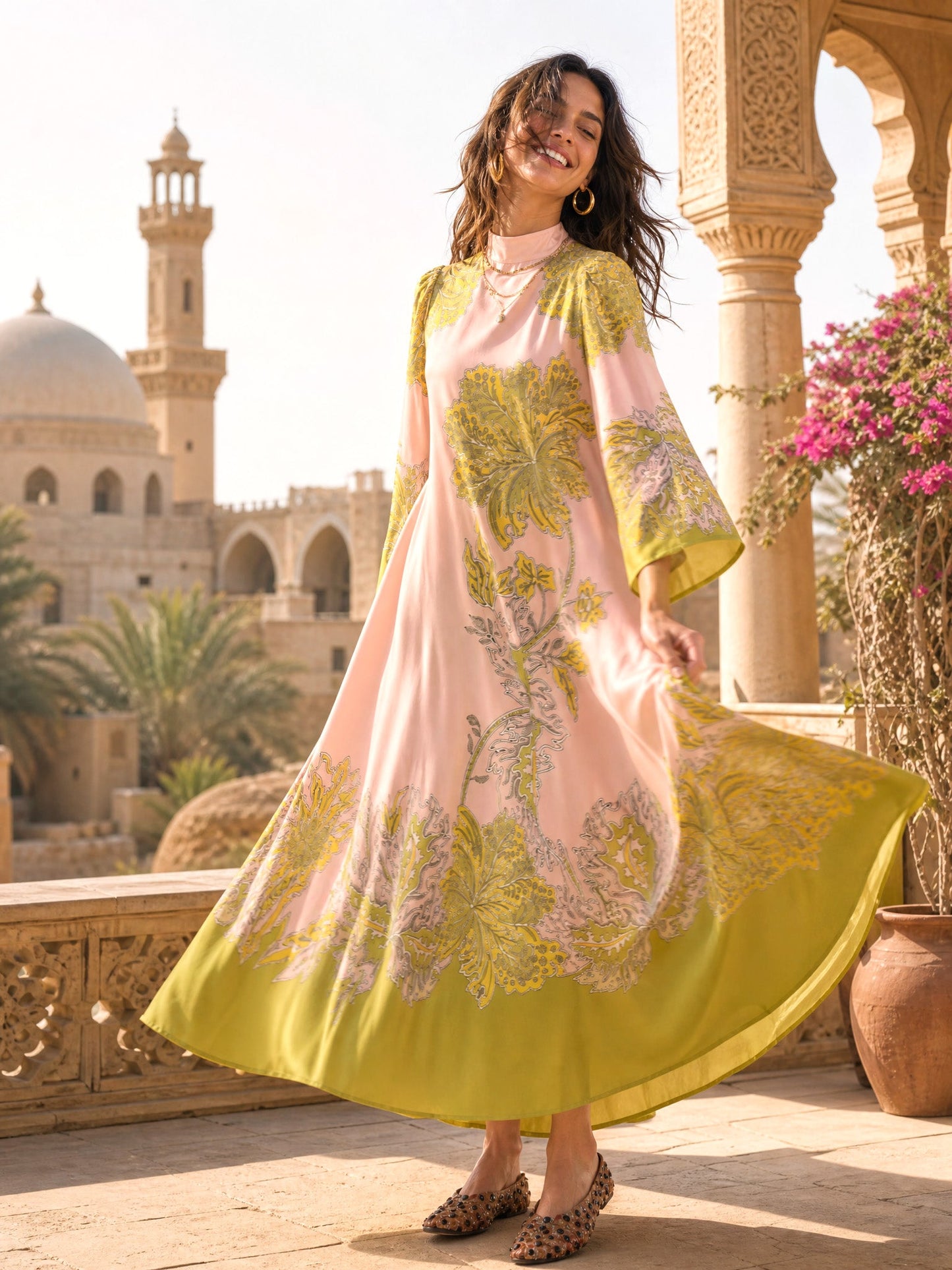 Elegant Retro Print Satin Tie-Waist Maxi Dress