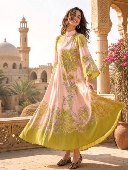 Elegant Retro Print Satin Tie-Waist Maxi Dress
