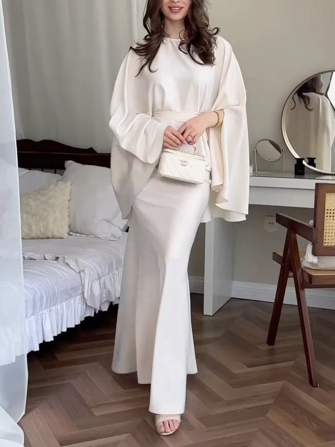Satin Cape Sleeve Peplum Mermaid Maxi Dress Set