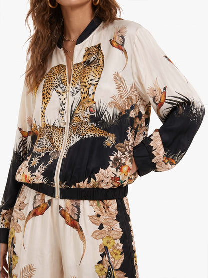 Exotic Jungle Print Zip-Up Long Sleeve Shirt