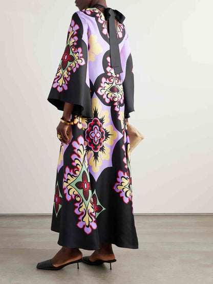 Unique Art Floral Print Bell Sleeve Maxi Dress