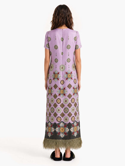 Boho Baroque Print Feather Trim Maxi Dress