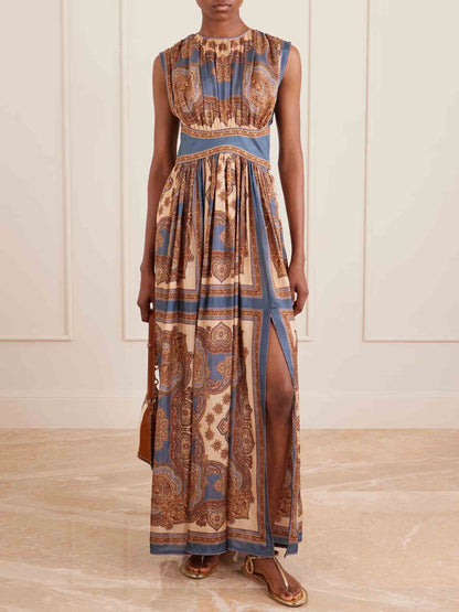 Retro Paisley Print Side Slit Maxi Dress