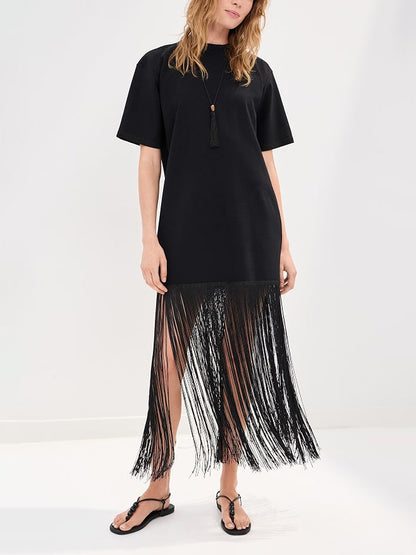 Casual Fringe Short Sleeve Maxi Dress