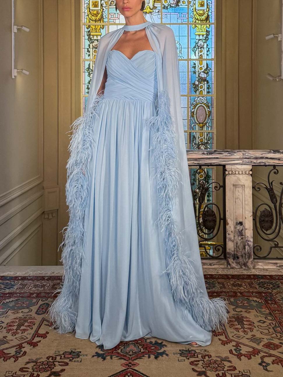 Chiffon Feather‑Trim Cape Evening Maxi Dress