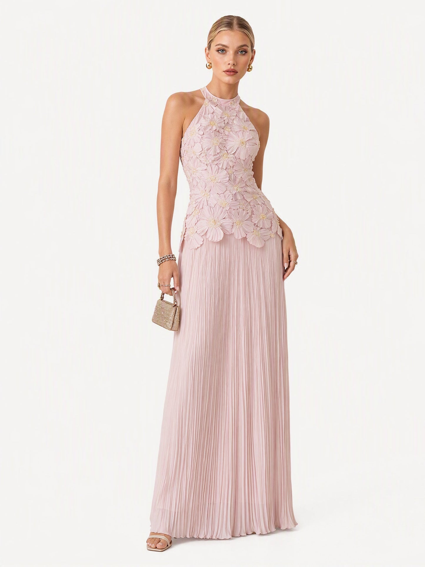 Elegant Halter Neck 3D Floral Appliqué Ruched Maxi Dress
