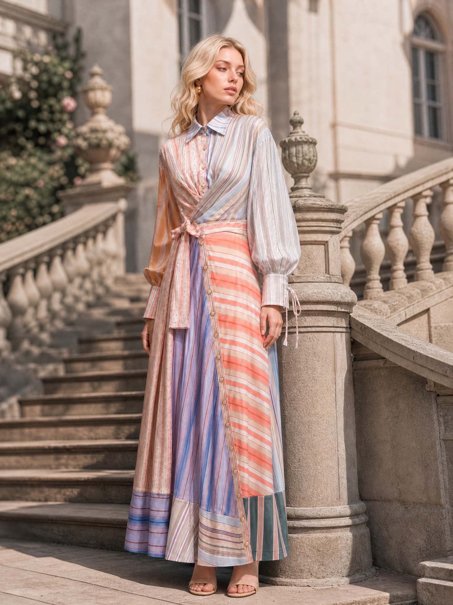 Multicolor Patchwork Stripe Print Long Sleeve Tie Maxi Shirt Dress