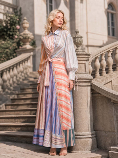 Multicolor Patchwork Stripe Print Long Sleeve Tie Maxi Shirt Dress