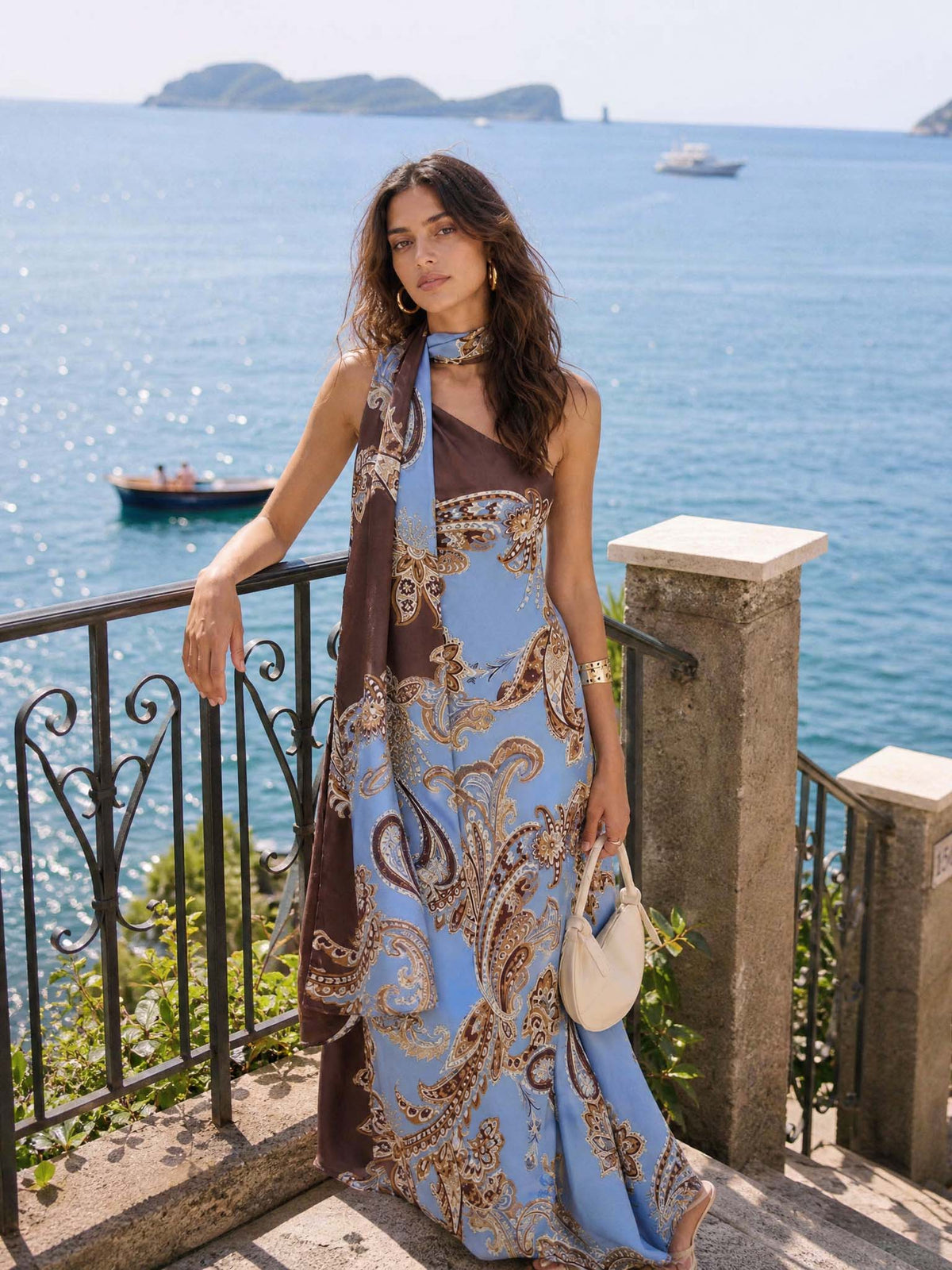 Elegant Bohemian Paisley Printed Satin Maxi Dress