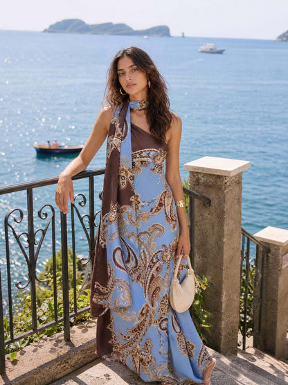 Elegant Bohemian Paisley Printed Satin Maxi Dress