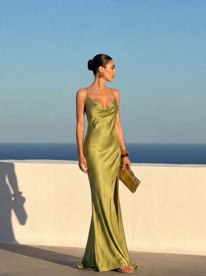 Elegant Green Draped Neckline Maxi Dress