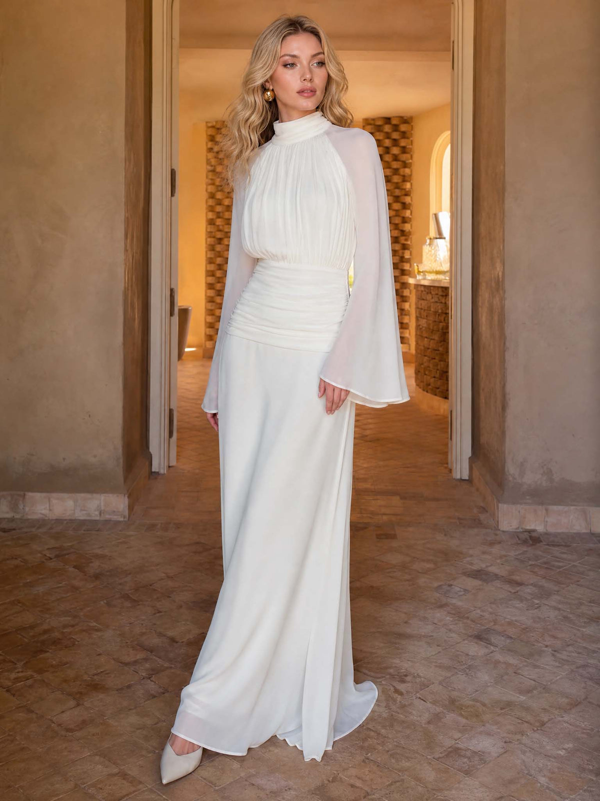 Elegant High Neck Ruched Waist Long Sleeve Maxi Dress