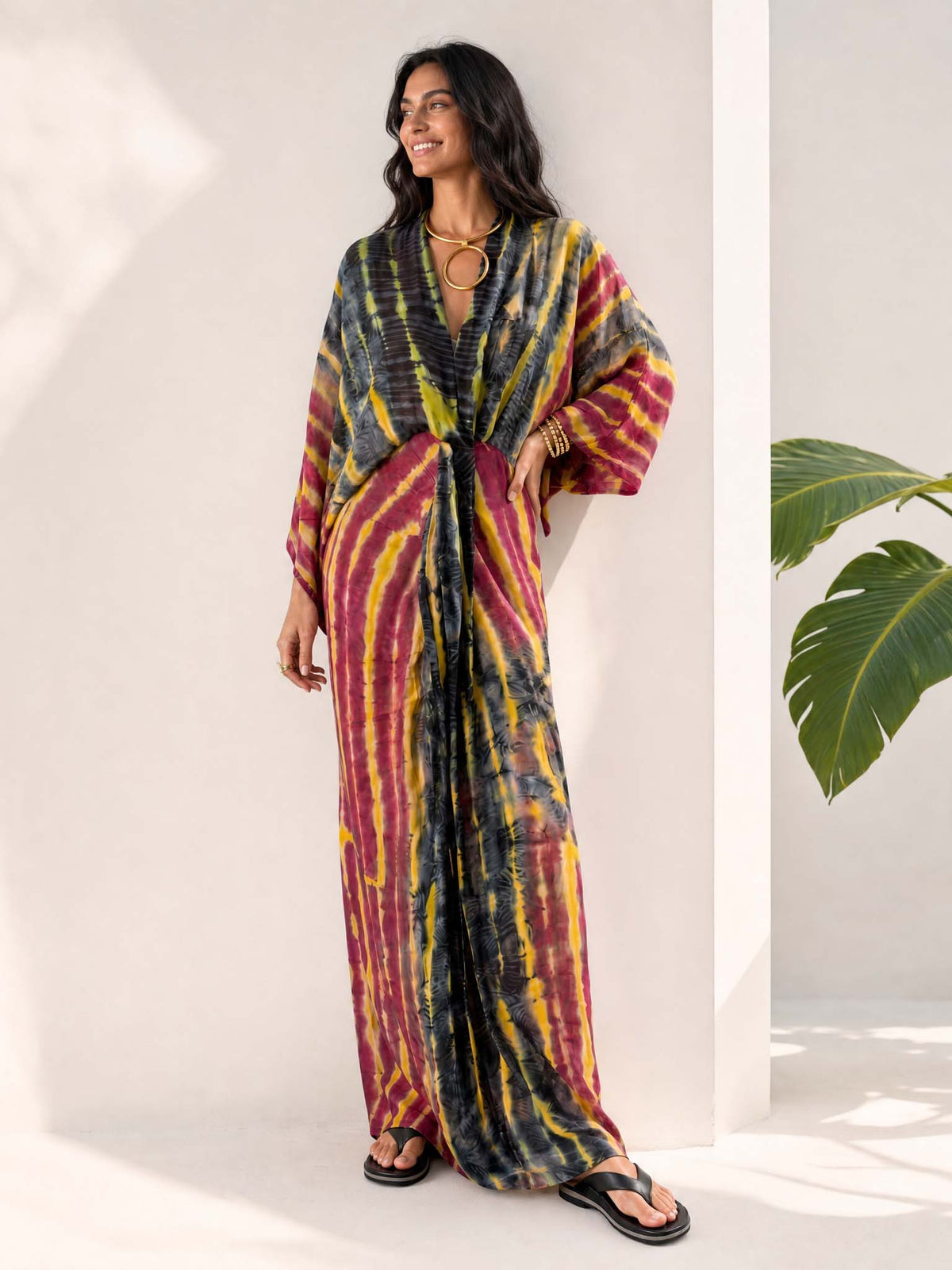 V-Neck Printed Slit Streamer Design Maxi Dress