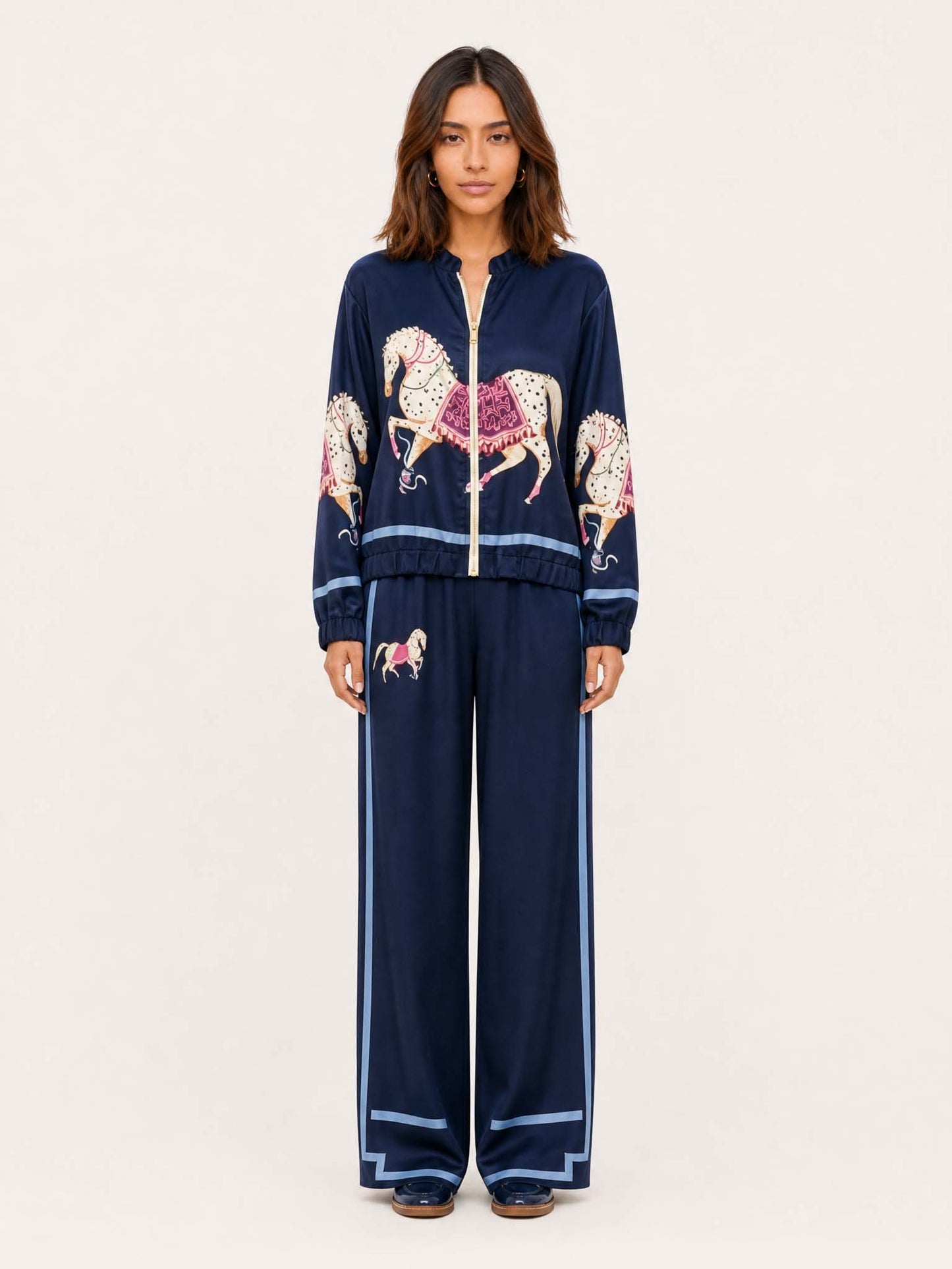 Exquisite Satin Horse Print Zip Jacket & Wide-Leg Pants Two-Piece Set