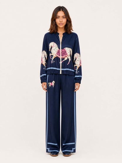 Exquisite Satin Horse Print Zip Jacket & Wide-Leg Pants Two-Piece Set
