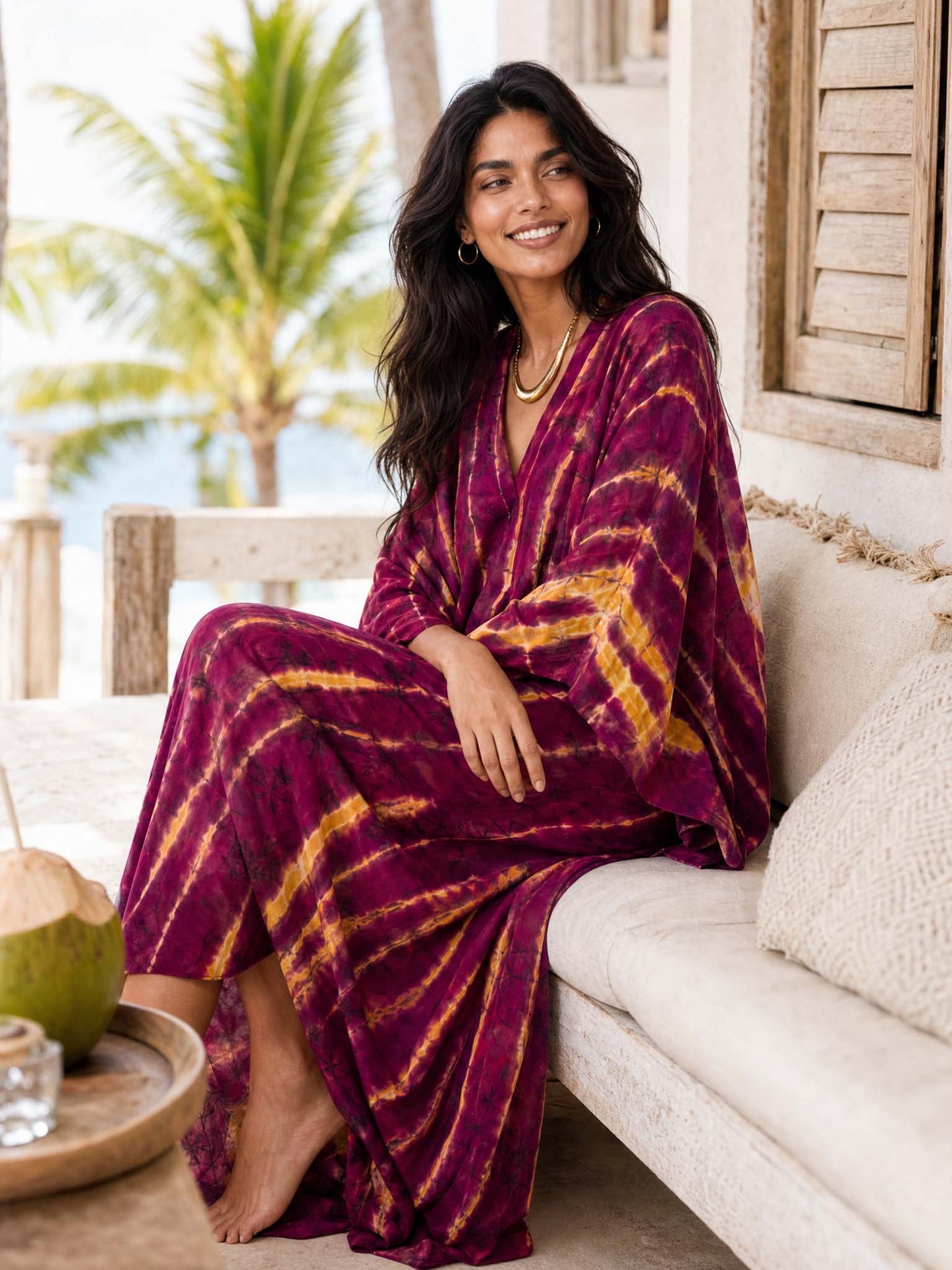 V-Neck Printed Slit Streamer Design Maxi Dress