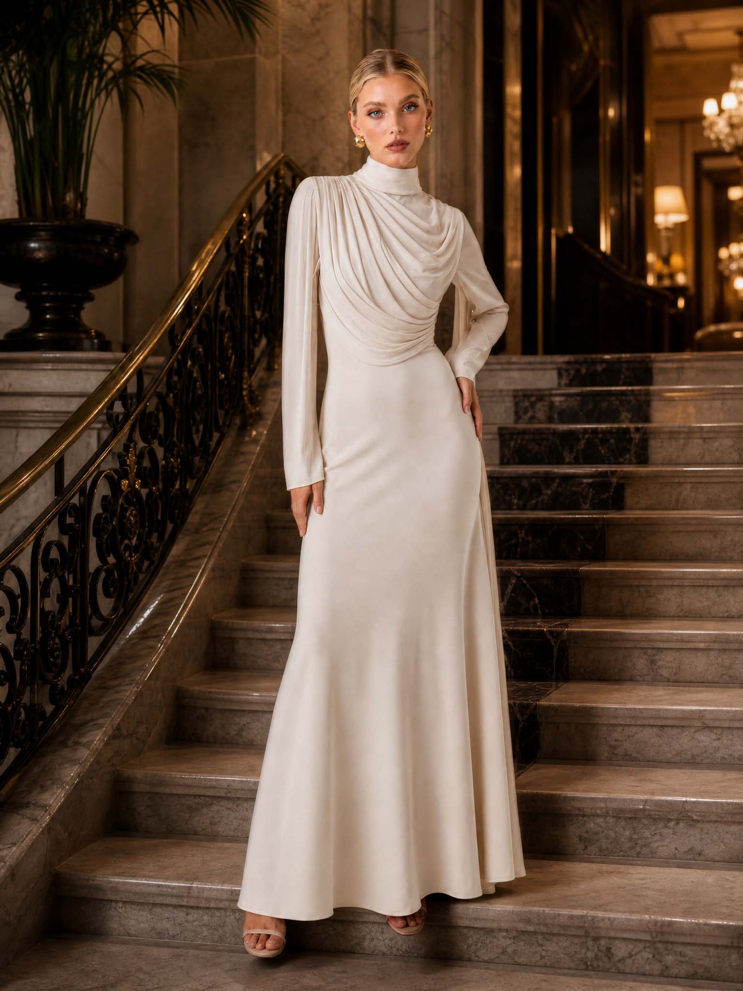 Pleated Design Ribbon Maxi Dress