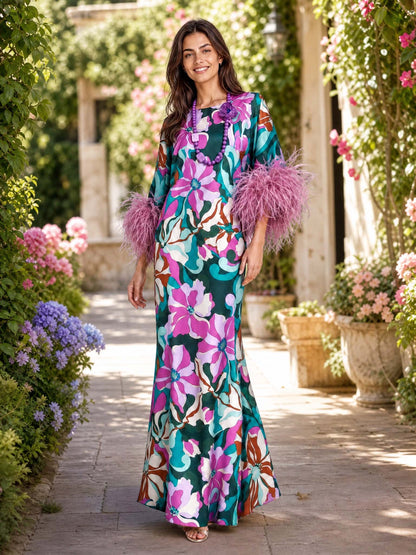Elegant Floral Print Feather Cuff Satin Maxi Dress