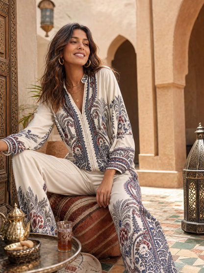 Elegant Paisley Print Zip-Up Shirt & Wide Leg Pants Set