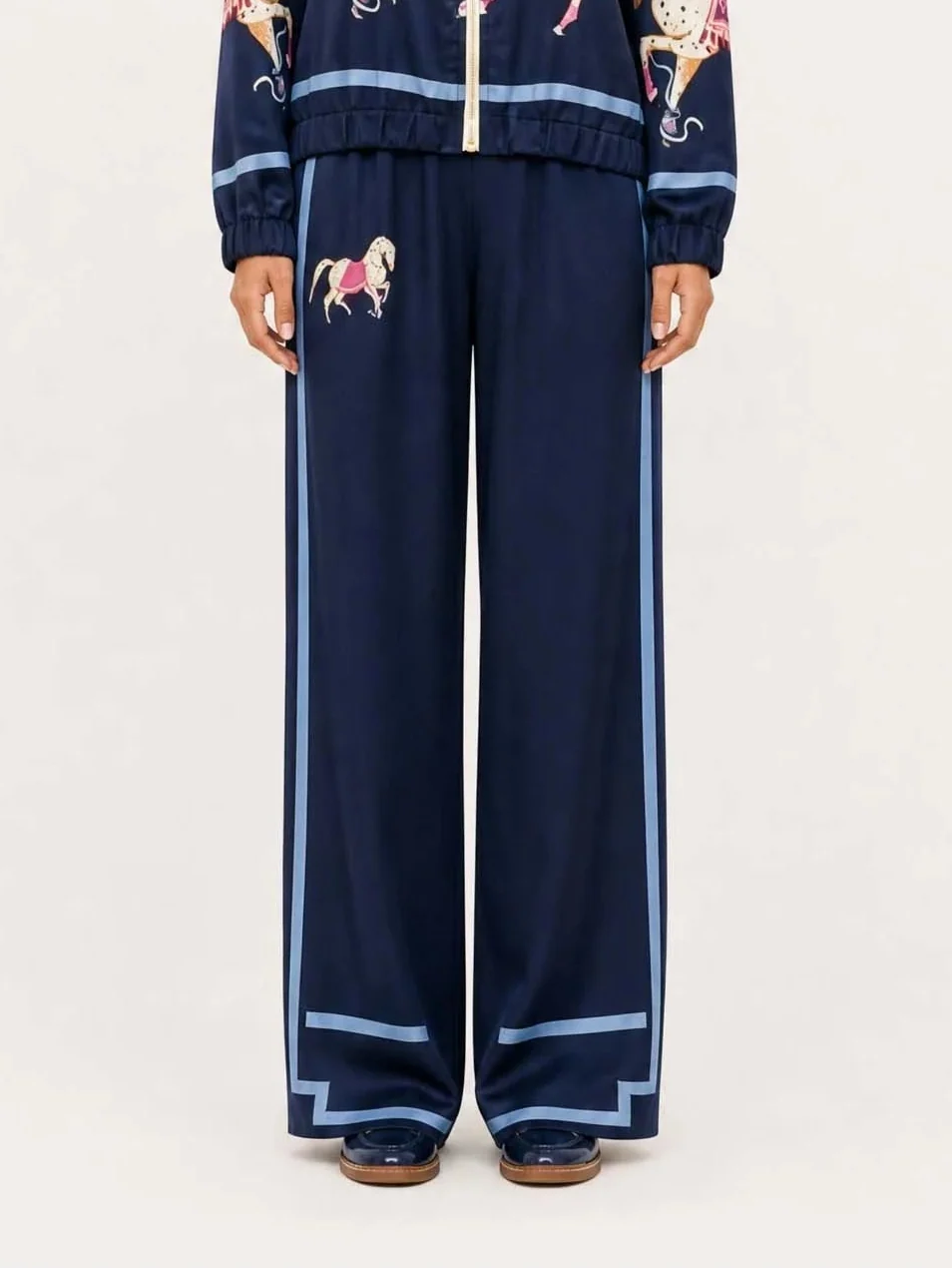 Exquisite Satin Horse Print Zip-Up Shirt