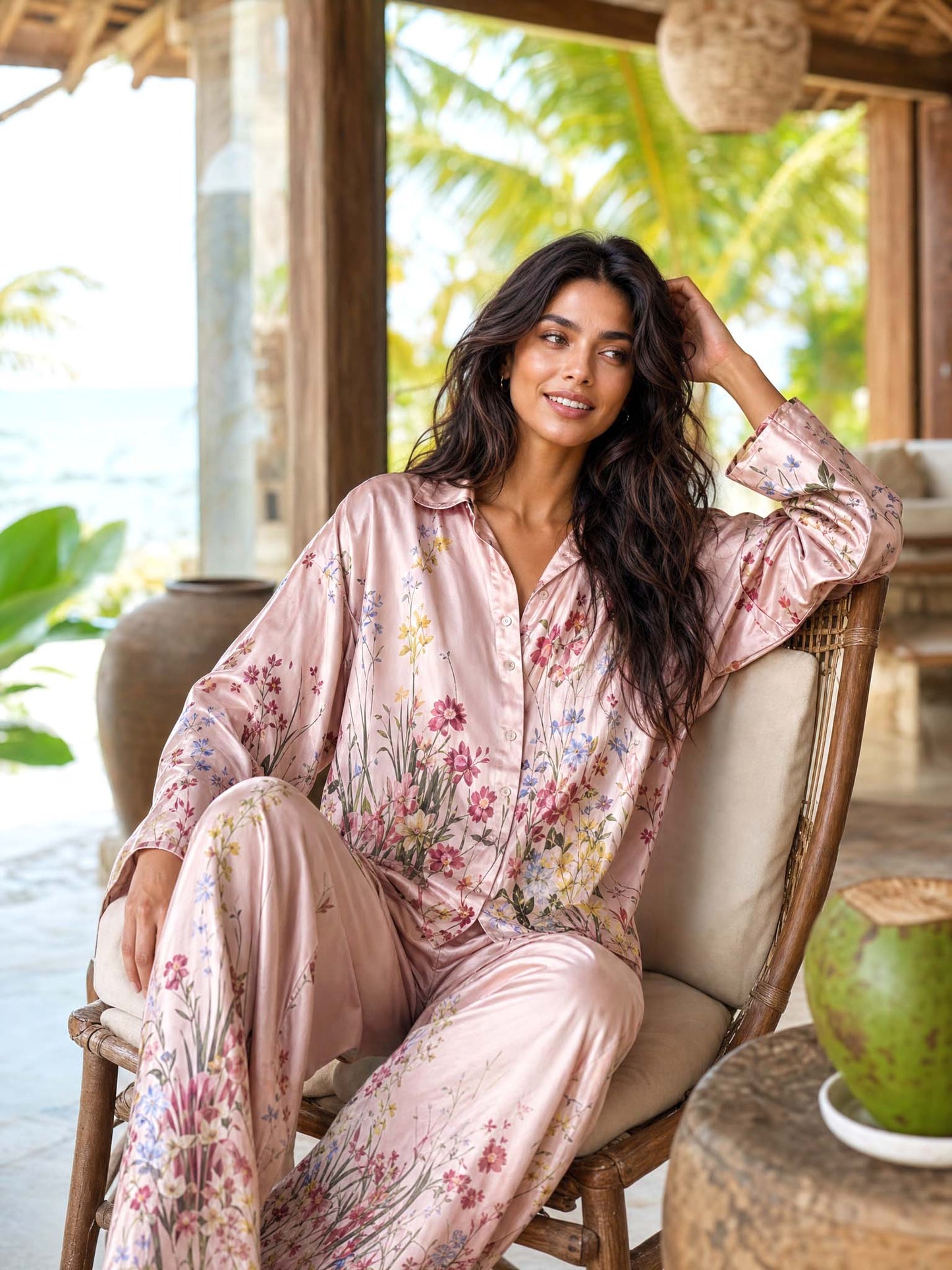 Elegant Floral Print Satin Shirt & Wide Leg Pants Set